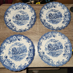 4 Vintage Johnson Brothers Coaching Scenes Blue Saucers 5-3/4" Hunting Country